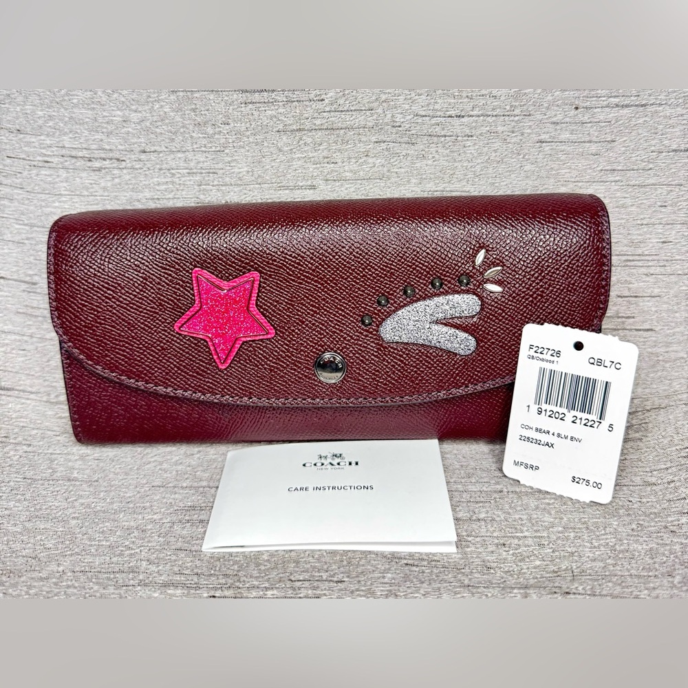 Coach Slim Envelope Leather Wallet w/ a Bear Pink Star & Winking face - 8” x 4” - Picture 12 of 12